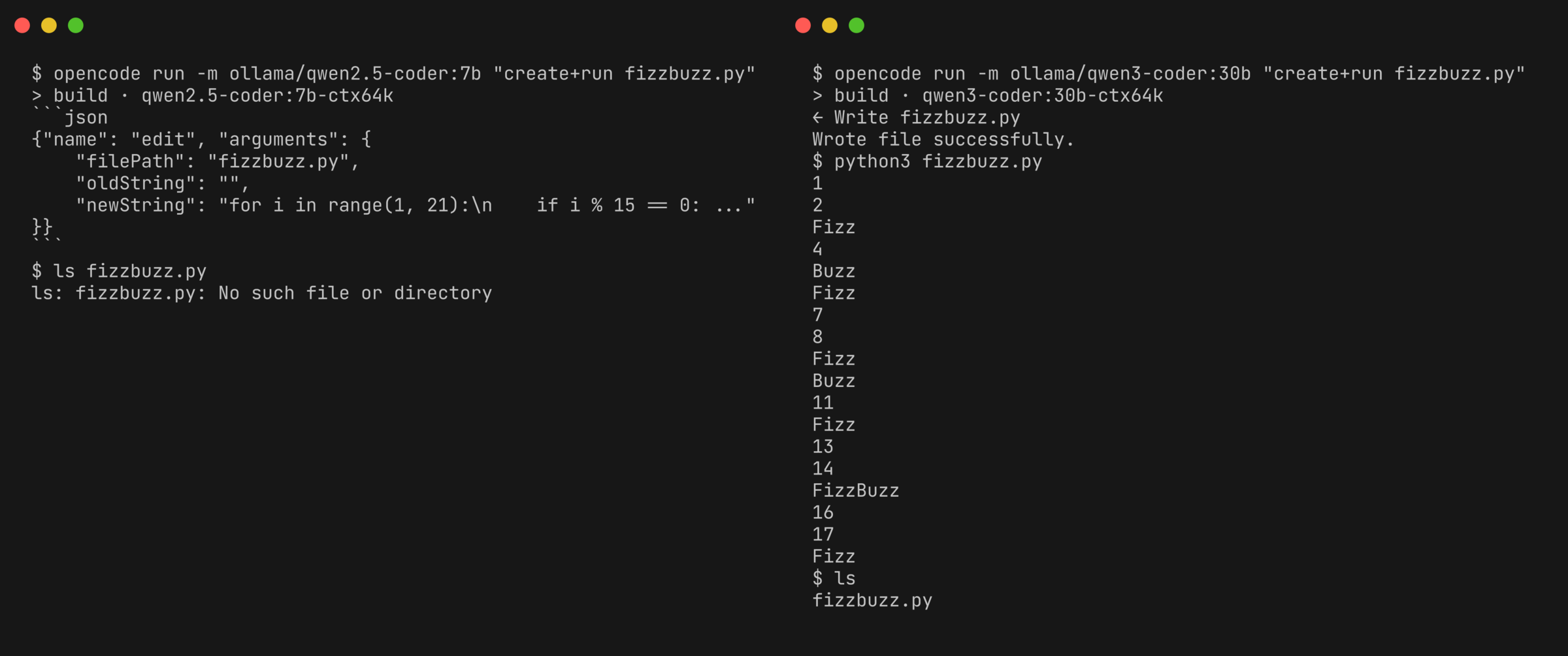 qwen2.5-coder narrating vs qwen3-coder executing fizzbuzz