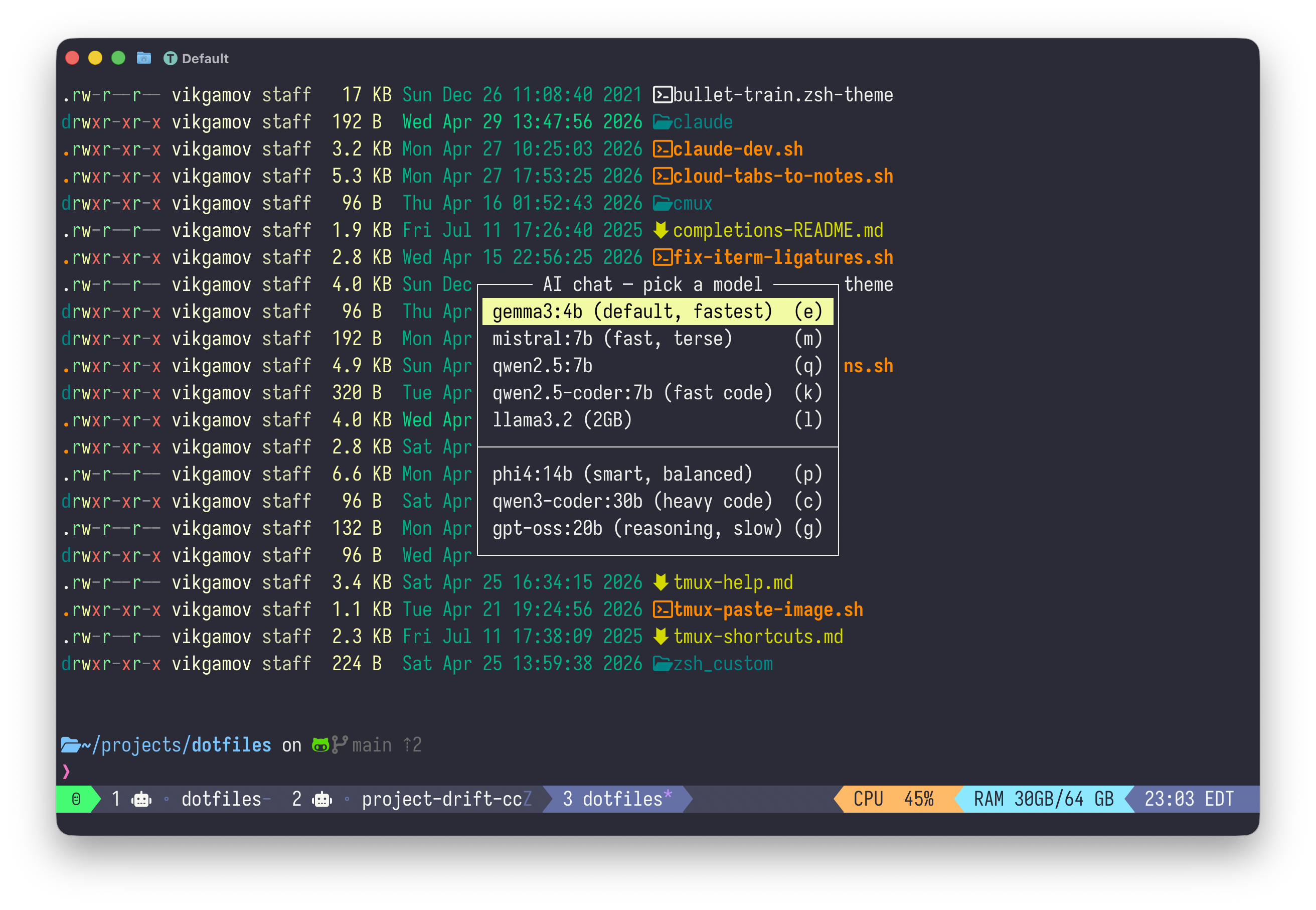 tmux display-menu listing eight Ollama models with one-letter shortcuts