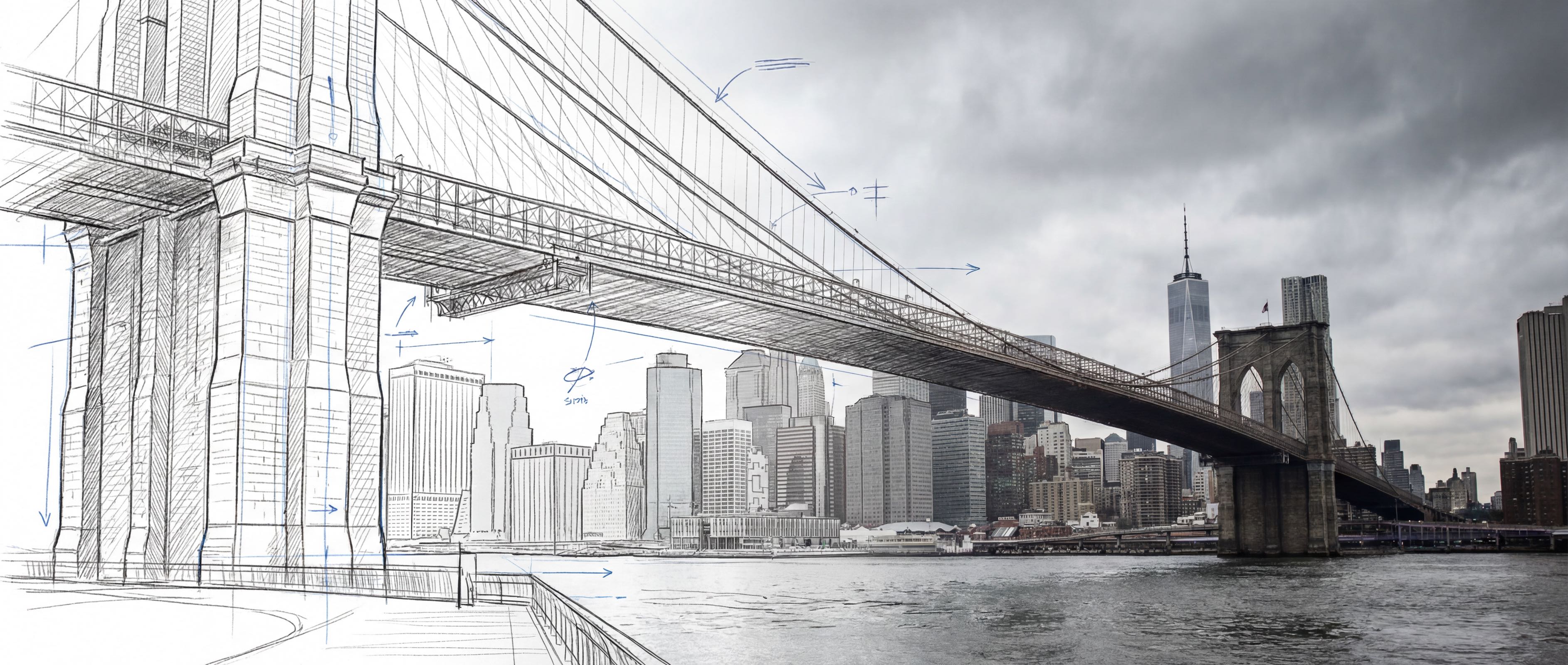 Brooklyn Bridge sketch with network topology lines
