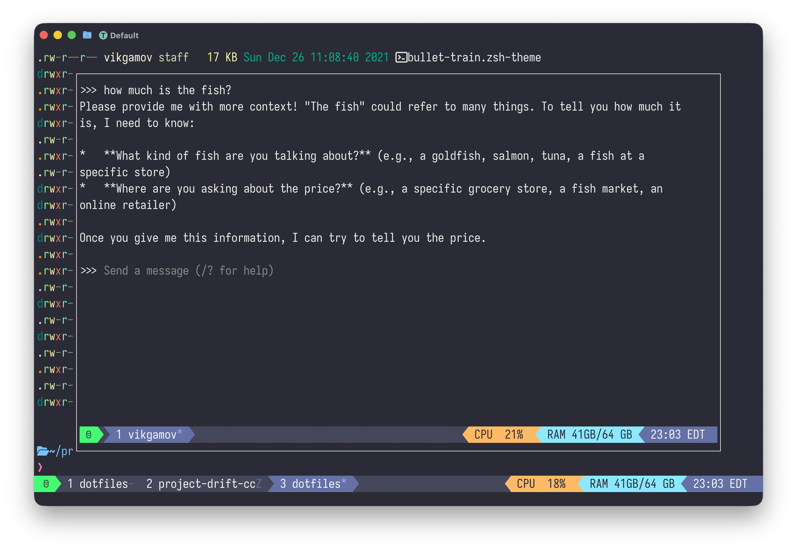 Ollama pop-up running a chat session: a prompt followed by the model’s reply