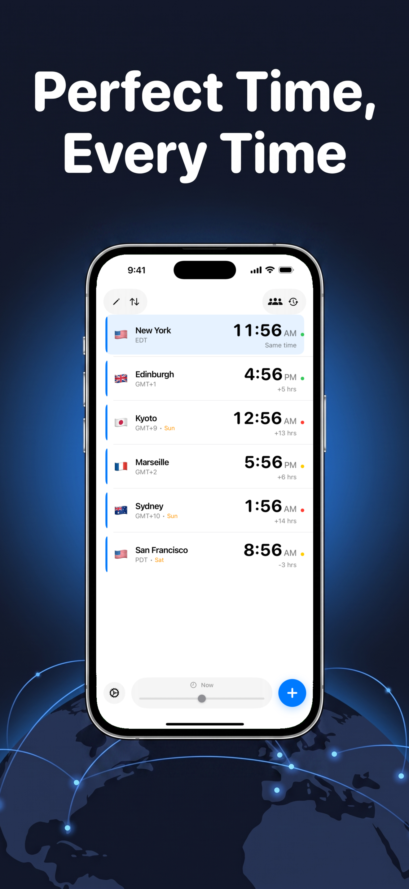 Tempus app showing a list of named world clocks for New York, Edinburgh, Kyoto, Marseille, Sydney, and San Francisco with live times.