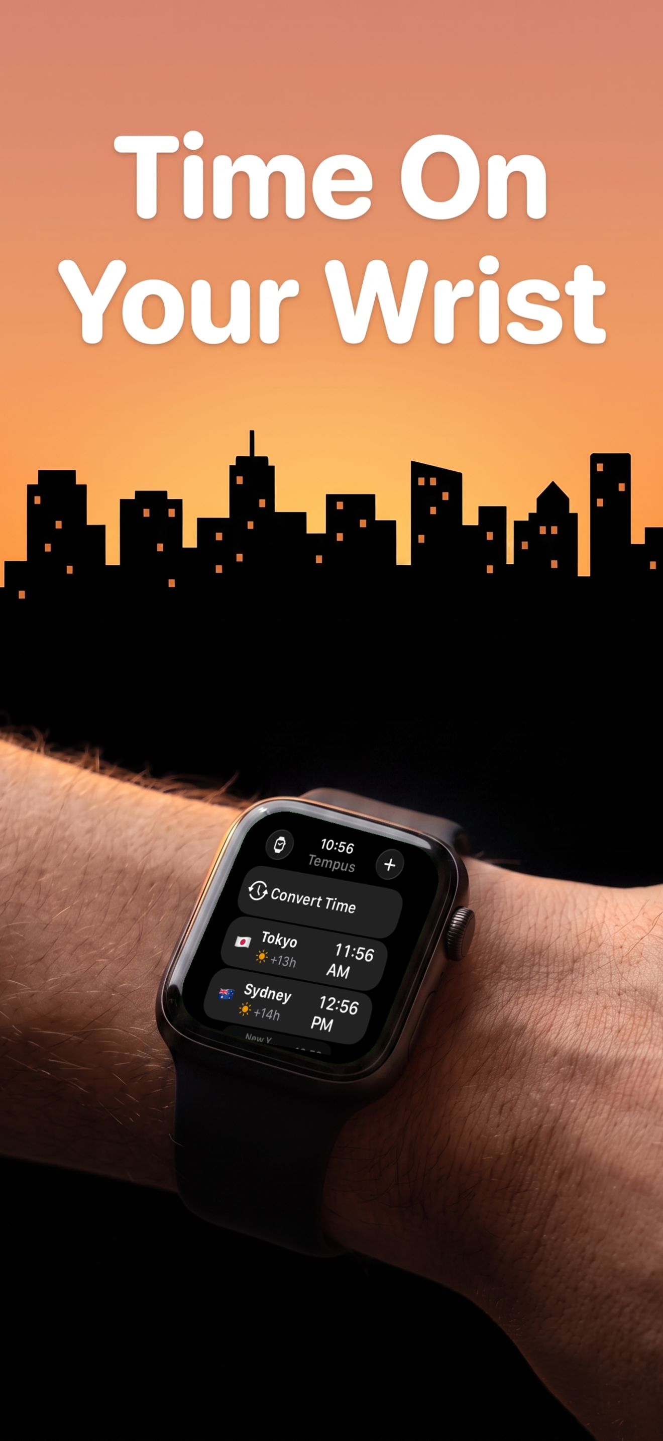 Apple Watch on a wrist showing the Tempus complication against a city skyline at dusk.