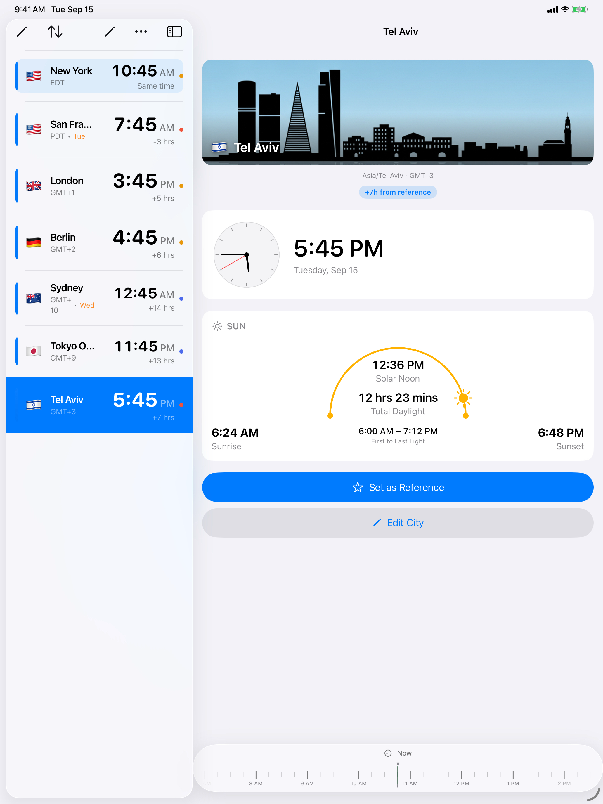 Tempus on iPad: seven world clocks in the sidebar with Tel Aviv selected, and Tel Aviv City Detail beside them — skyline art, 5:45 PM, and a sun card showing the full sunrise-to-sunset arc.