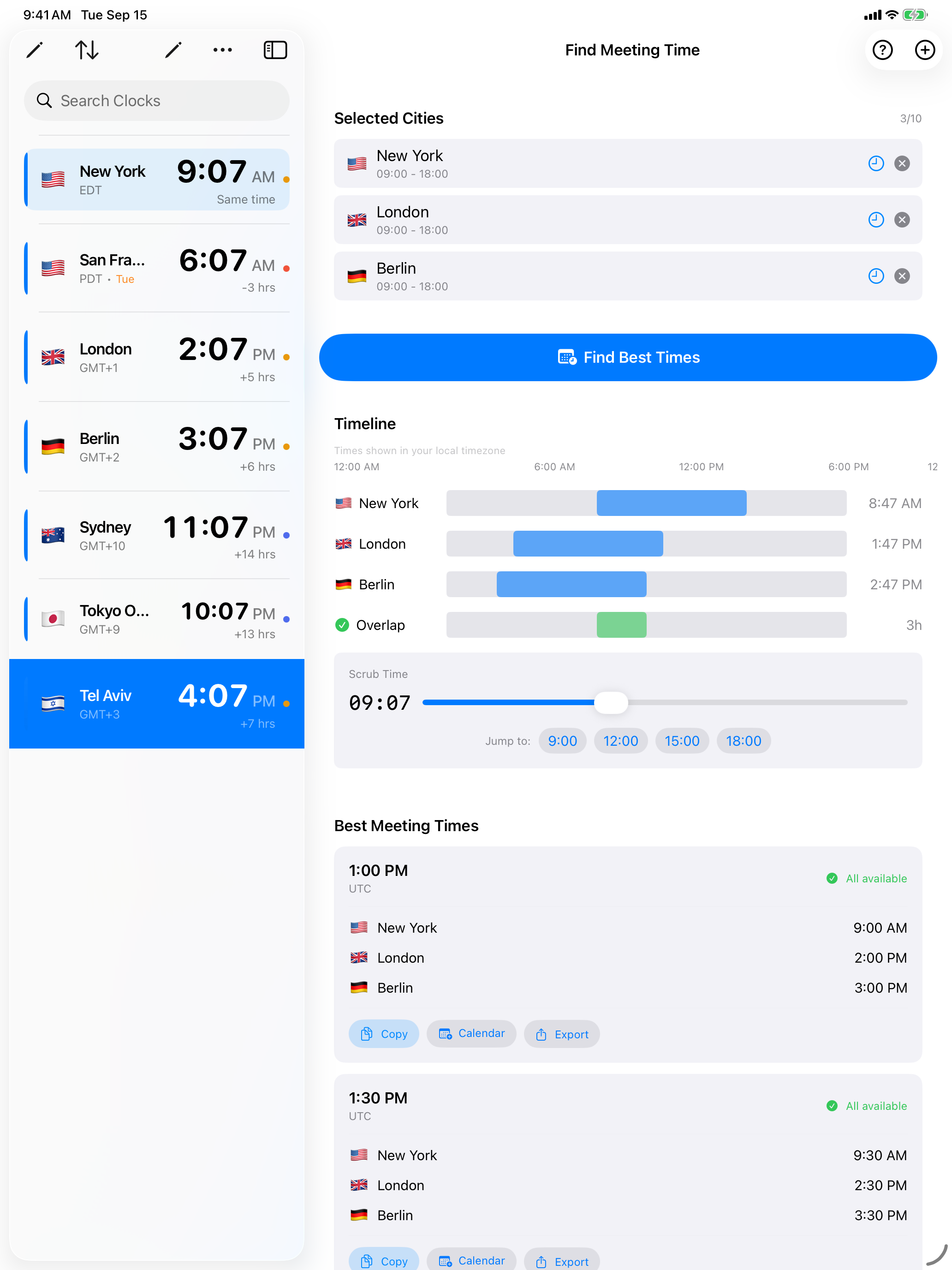 Tempus Meeting Finder on iPad: New York, London and Berlin with their working hours, a timeline showing a green three-hour overlap, and a Best Meeting Times list where all three are available at 1:00 PM UTC.