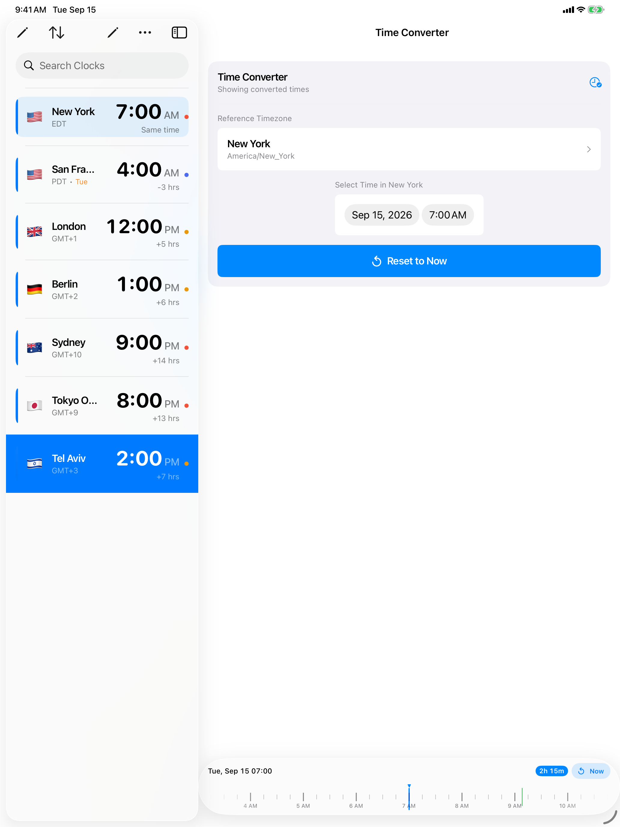 Tempus Time Converter on iPad: New York chosen as the reference timezone with the time scrubbed back to 7:00 AM, and every clock in the sidebar showing its converted time.