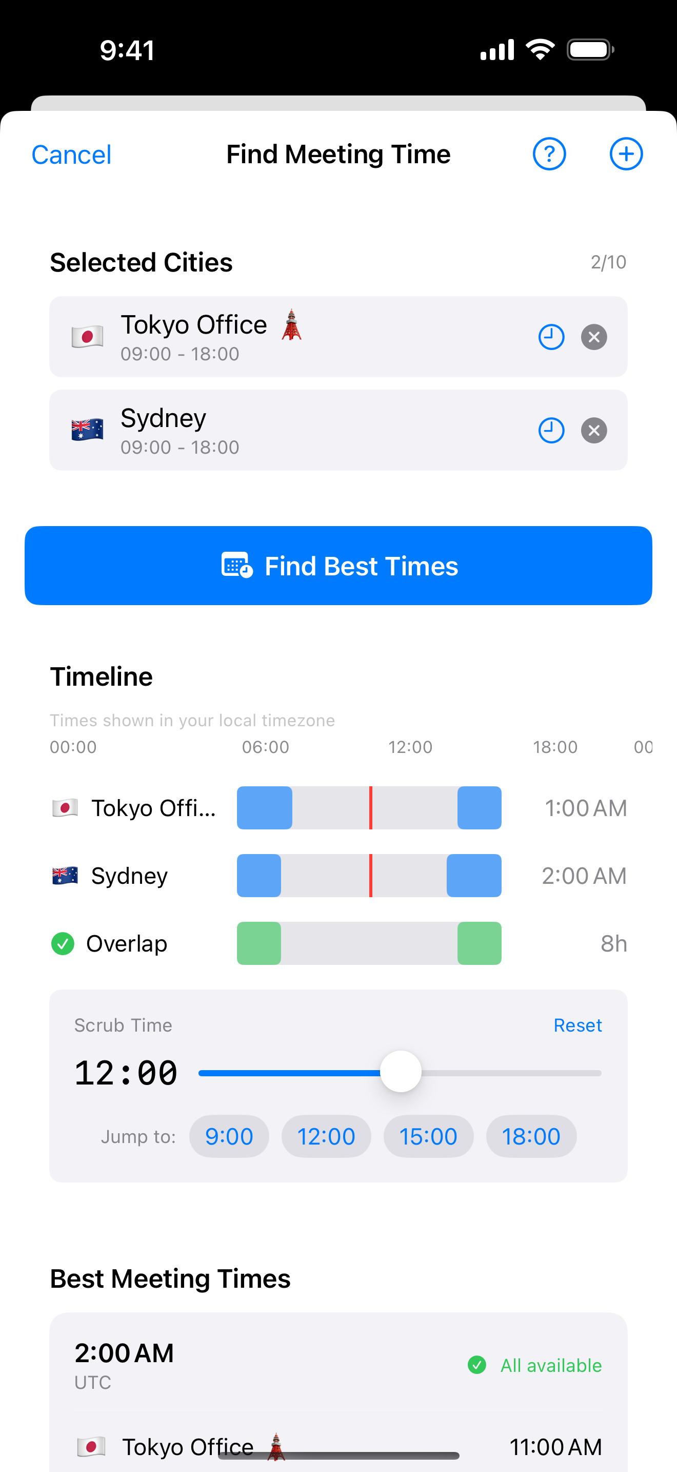 Tempus Meeting Finder showing selected cities, an overlap timeline, and best meeting times.