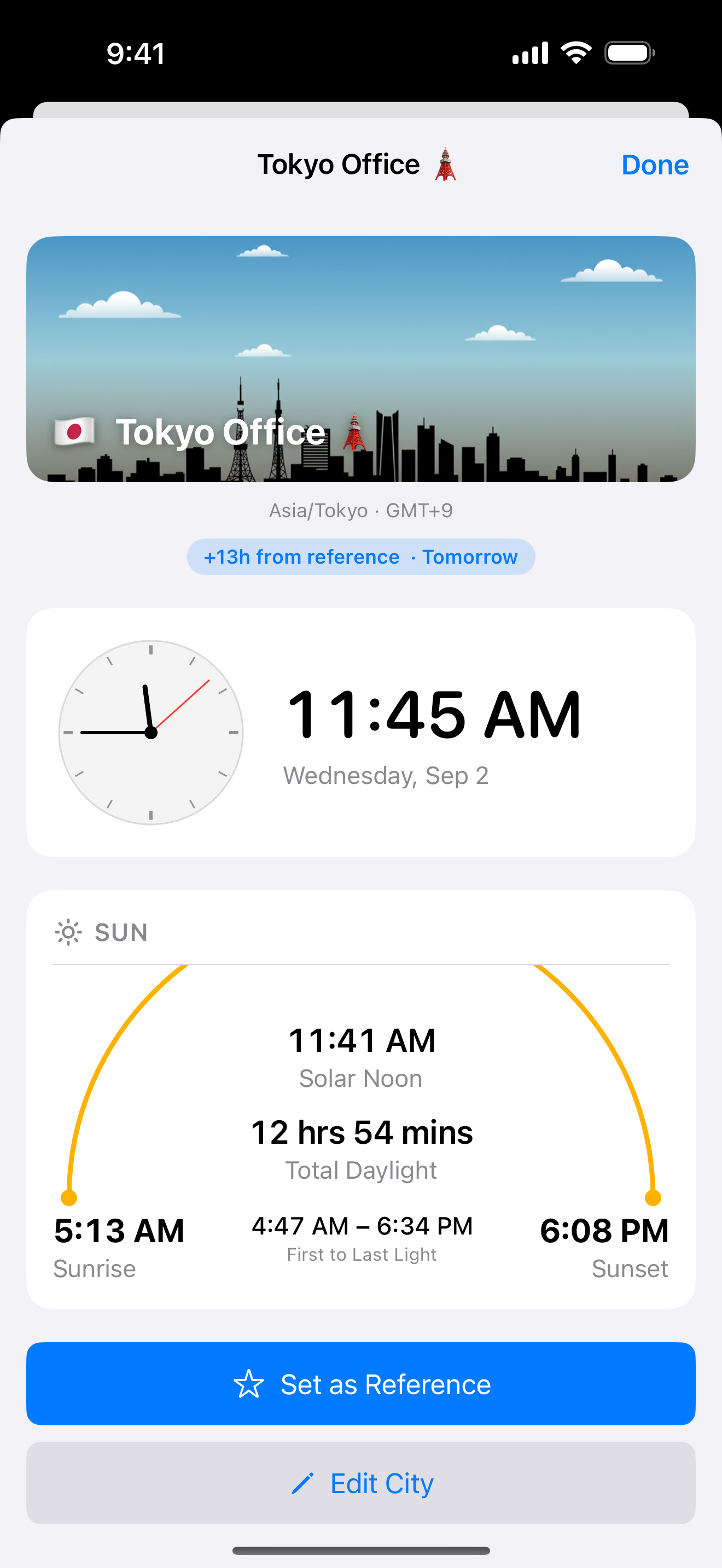 Tempus City Detail view for Tokyo with skyline, sunrise and sunset times.