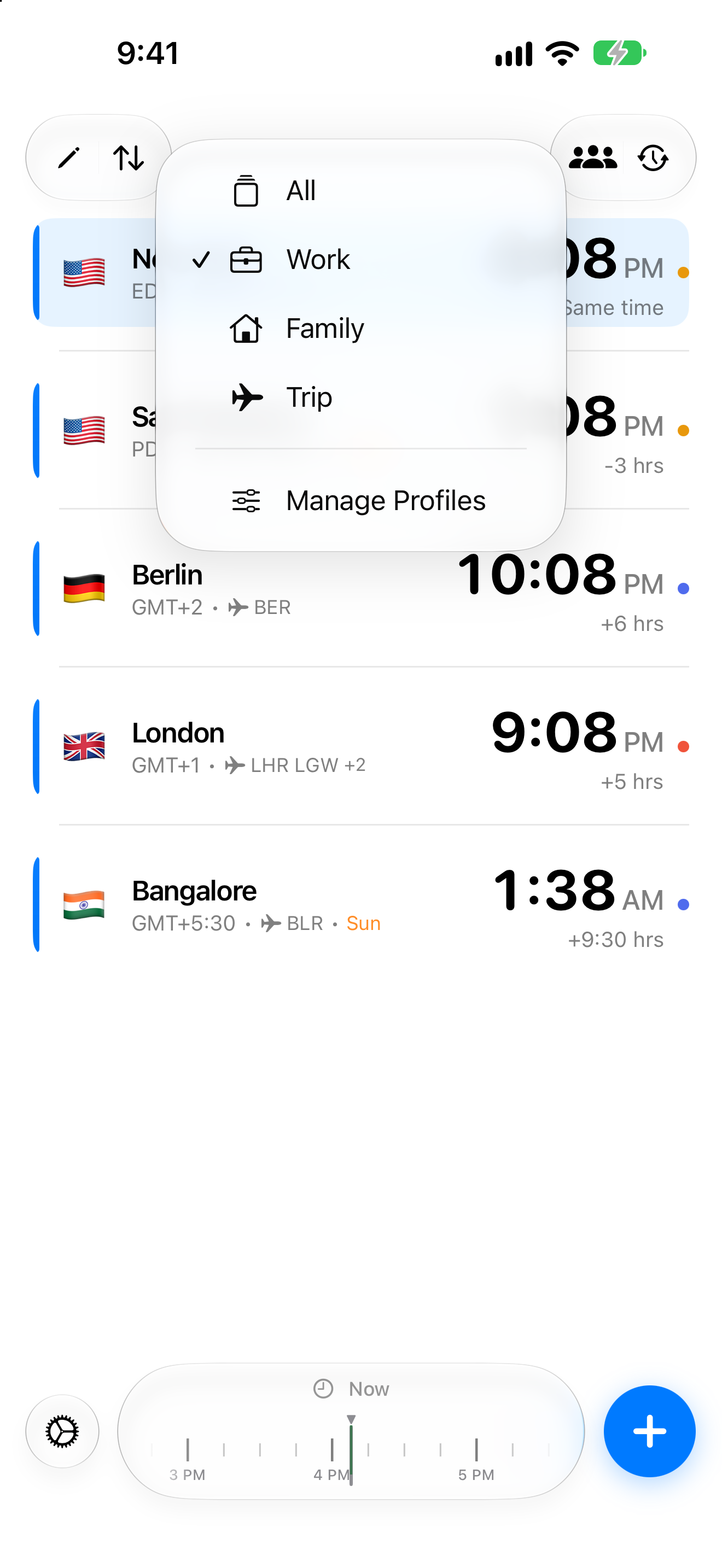 Tempus on iPhone with the title menu open, listing the profiles All, Work, Family and Trip with Work checked, and Manage Profiles below them.