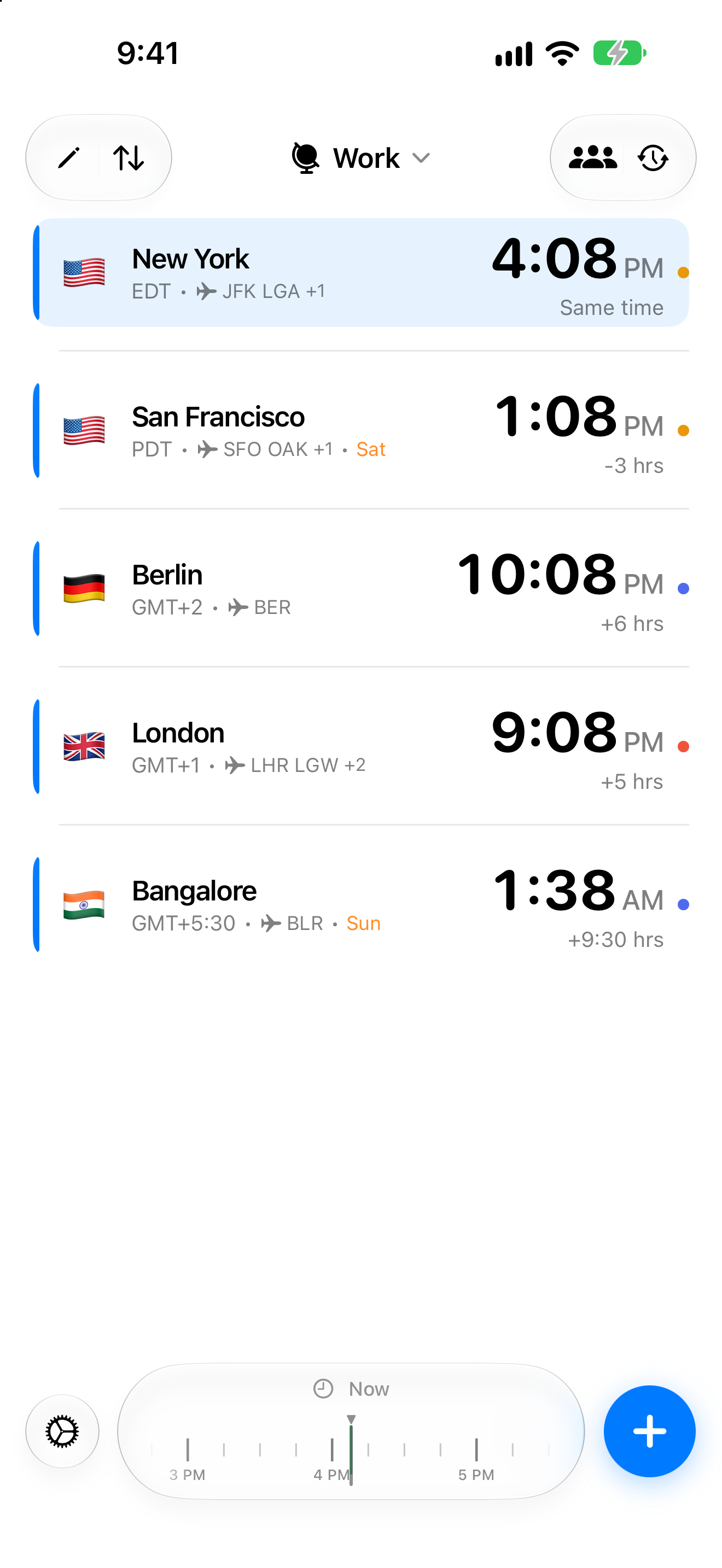Tempus clock list filtered to the Work profile: New York, San Francisco, Berlin, London and Bangalore.